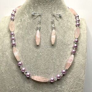 Artisan Handcrafted Rose Quartz Purple Glass Pearls Beaded Necklace Earrings Set